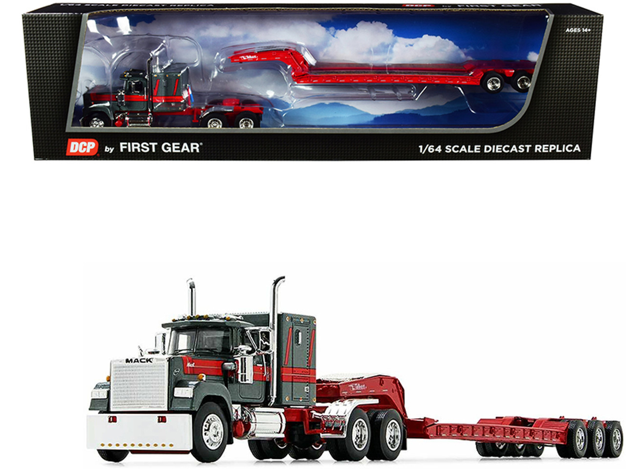 Mack Super-Liner with 60" Sleeper Cab with Talbert Tri-Axle Lowboy Trailer Gun Metal Green and Mack Red 1/64 Diecast Model by DCP/First Gear