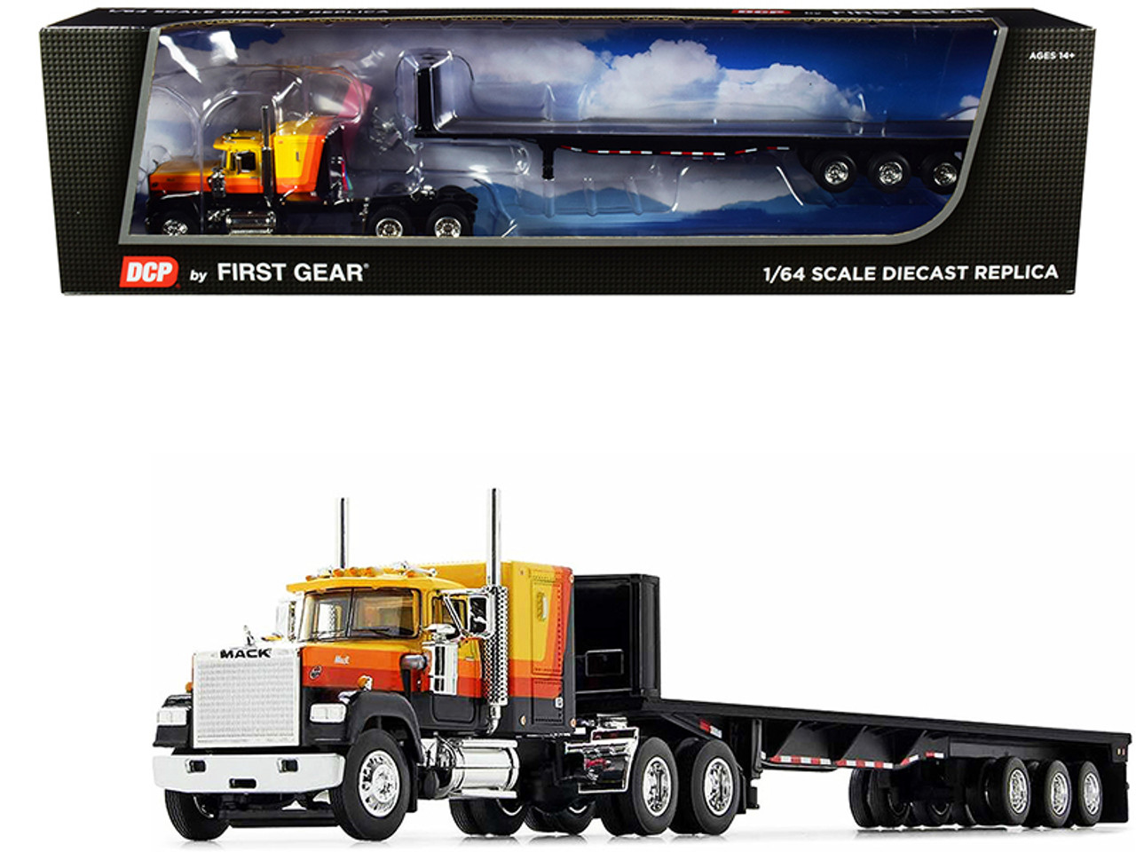 Mack Super-Liner with 60" Sleeper Cab with Tri-Axle Flatbed Trailer Yellow and Black with Stripes 1/64 Diecast Model by DCP/First Gear