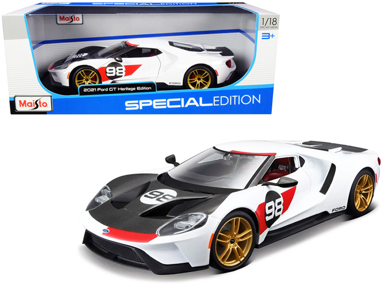 1/18 Maisto 2021 Ford GT #98 White "Heritage Edition" Diecast Model Car