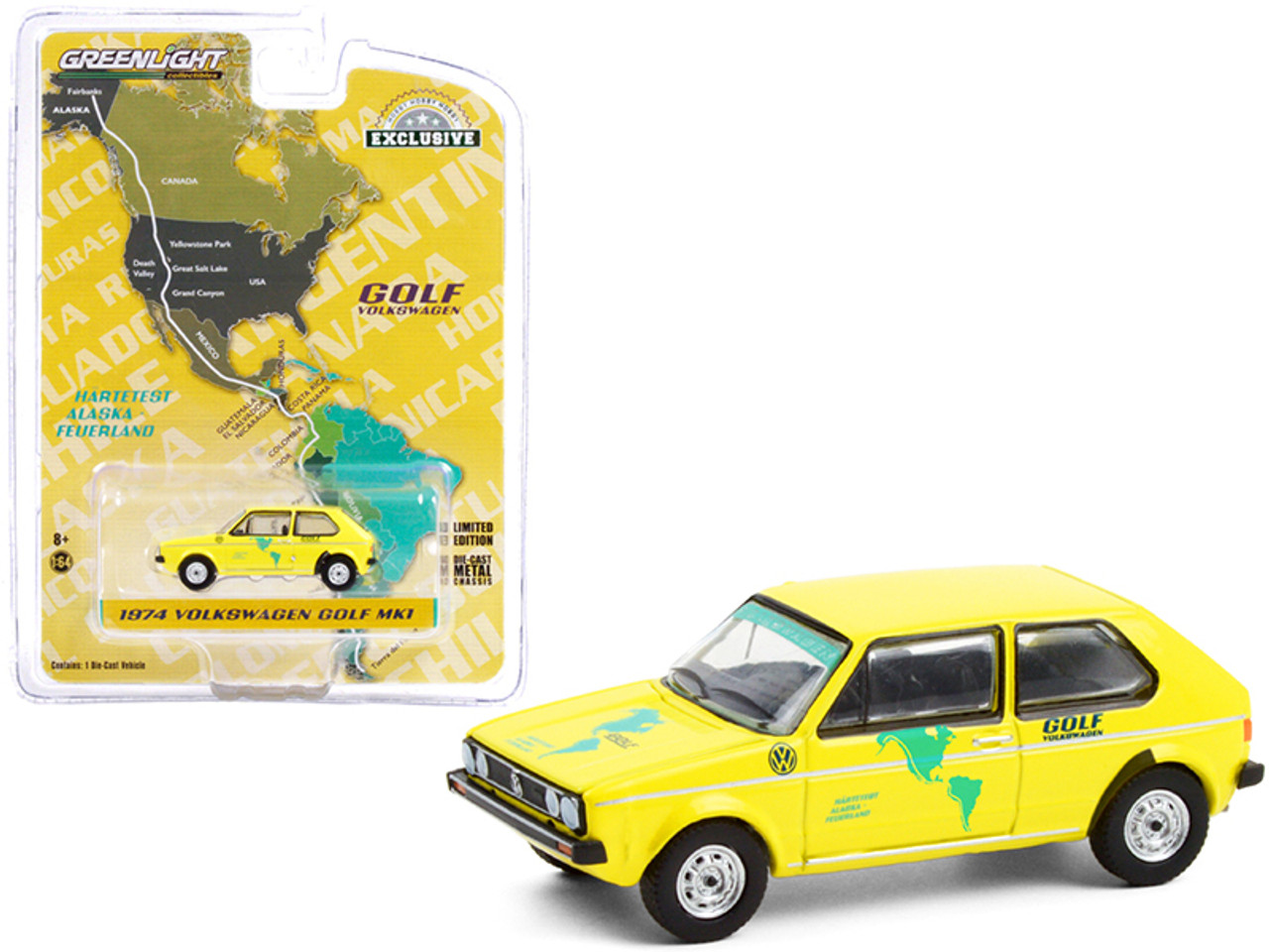 1974 Volkswagen Golf Mk1 Yellow "Hartetest Alaska-Feuerland" Alaska (USA) to Tierra del Fuego (Argentina) Car #1 "Hobby Exclusive" 1/64 Diecast Model Car by Greenlight