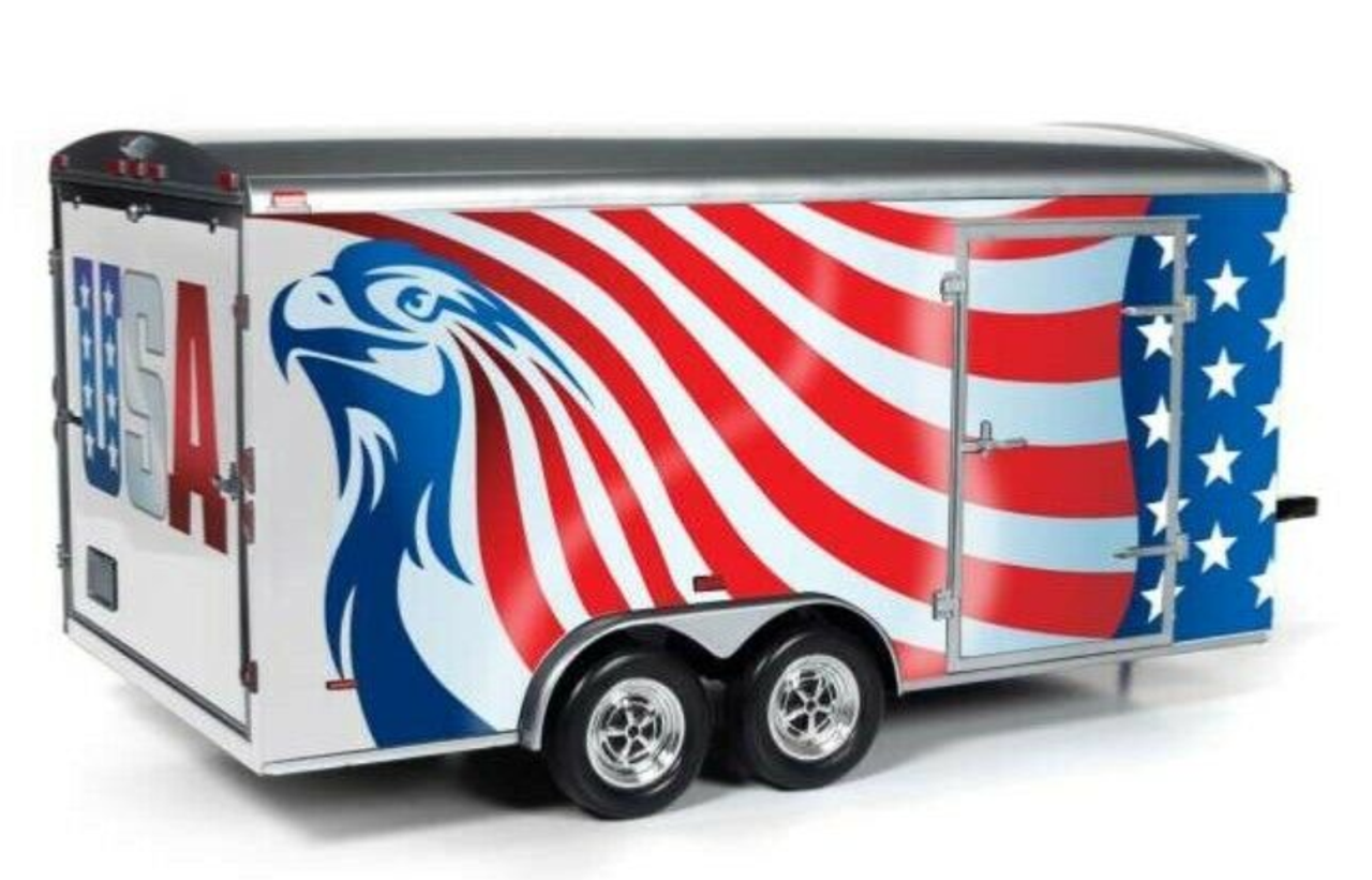 1/18 Auto World Four Wheel Enclosed Trailer Stars & Stripes American Flag Design Diecast Model