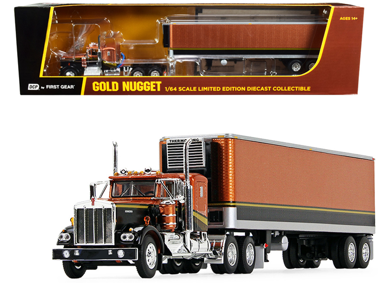 Kenworth W900A with 36" Flattop Sleeper Cab and 40' Vintage Refrigerated Reefer Trailer "Gold Nugget" Gold and Black 1/64 Diecast Model by DCP/First Gear