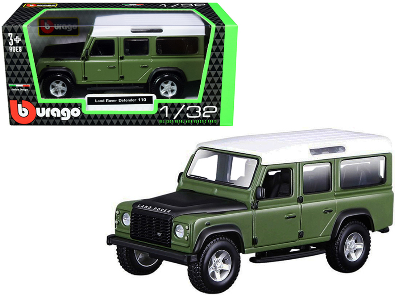Land Rover Defender 110 Green with Black Hood and White Top 1/32 Diecast Model Car by Bburago
