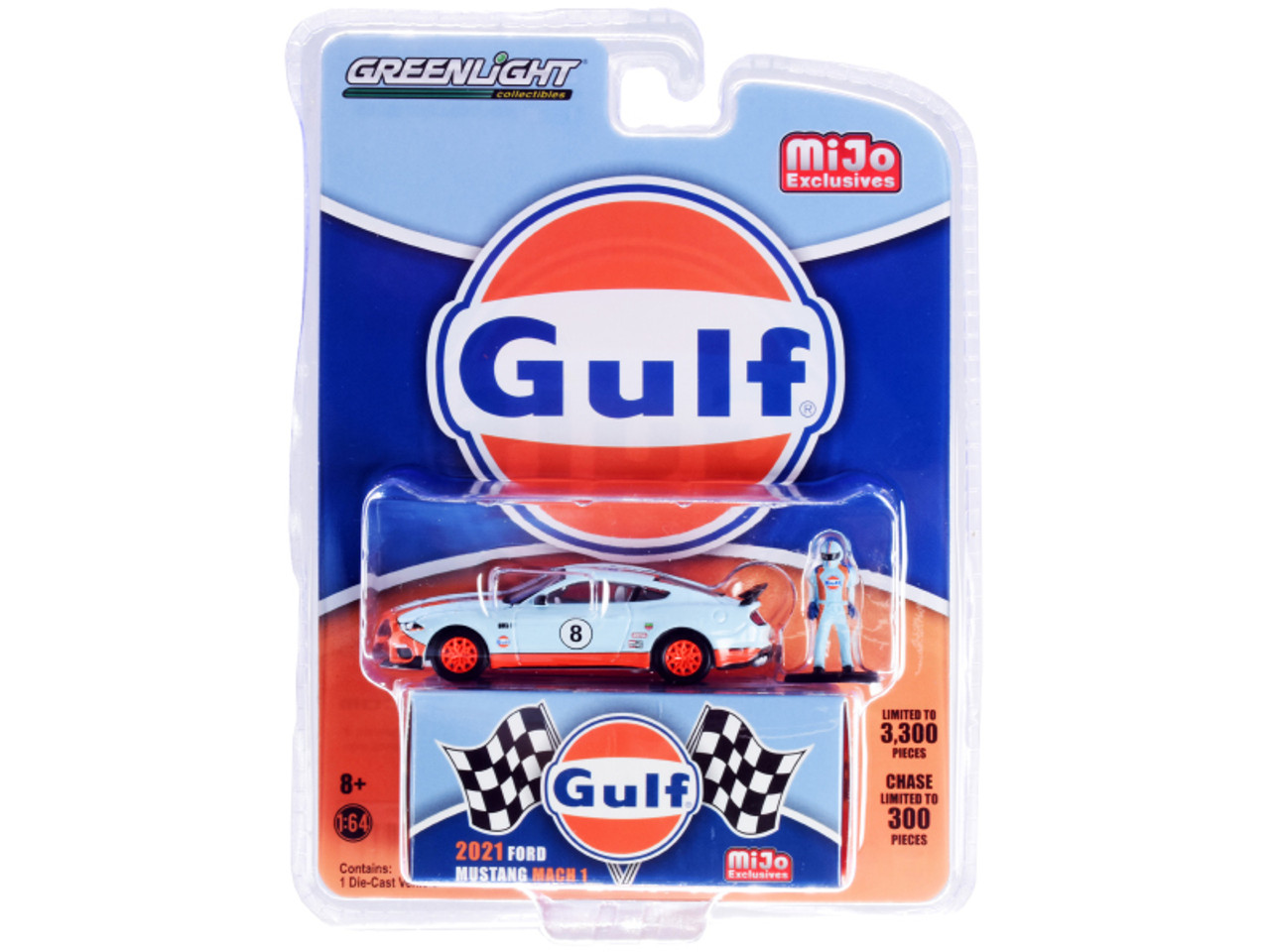 2021 Ford Mustang Mach 1 #8 "Gulf Oil" and Driver Figurine Limited Edition to 3300 pieces Worldwide 1/64 Diecast Model Car by Greenlight