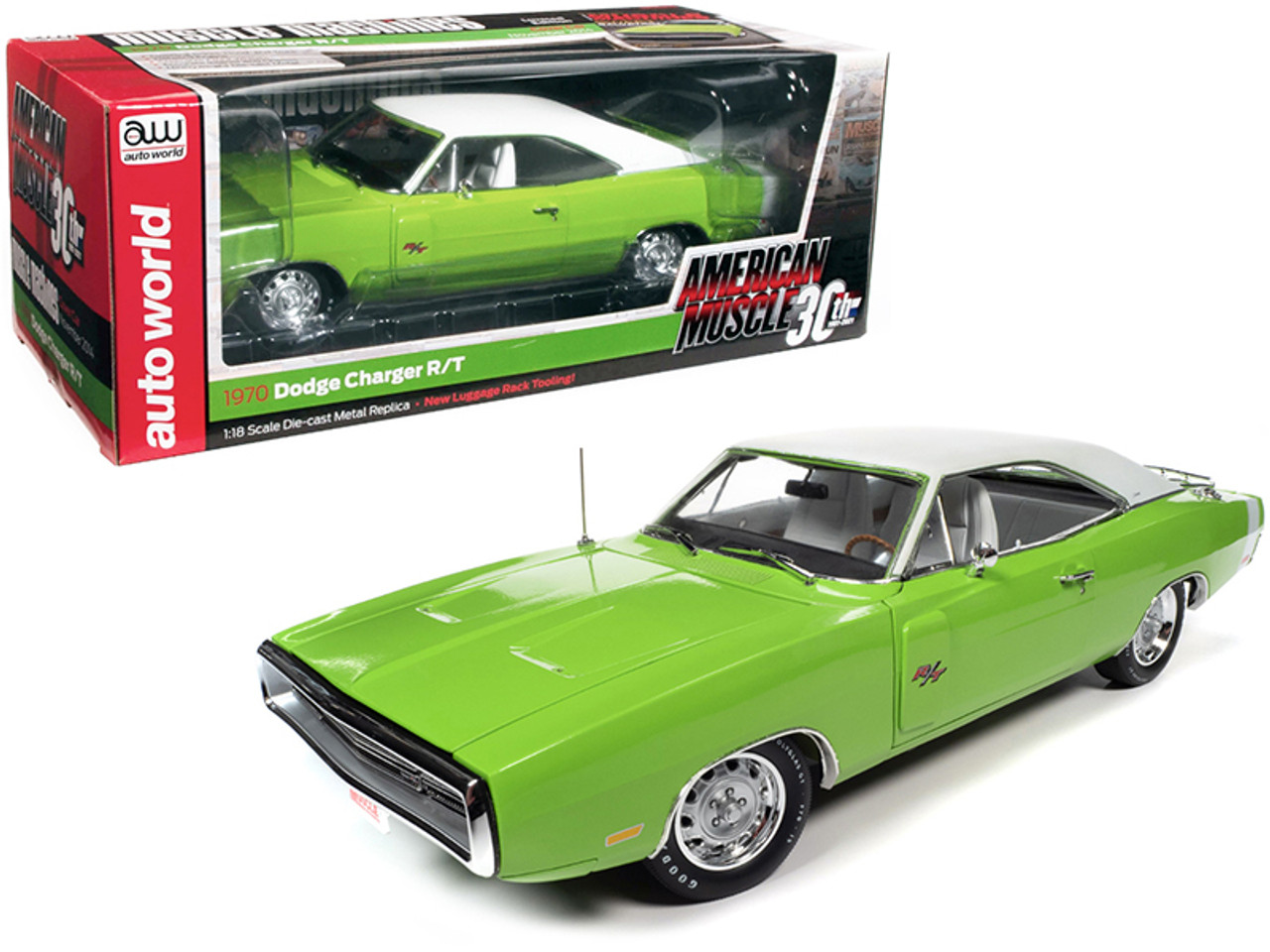 1/18 Auto World 1970 Dodge Charger R/T with Luggage Rack FJ5 Sublime Green with White Top and White Interior "Hemmings Muscle Machines" Magazine Cover Car (November 2014) "American Muscle 30th Anniversary" Diecast Car Model