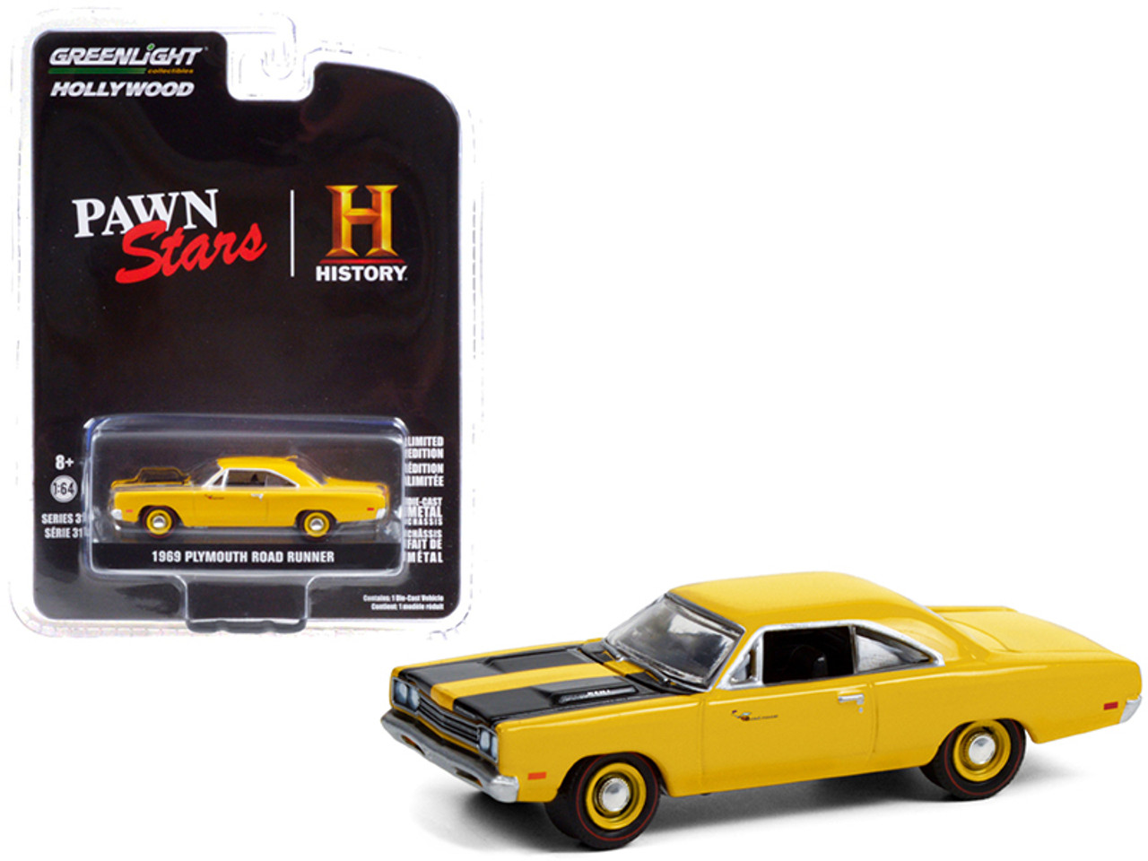 1969 Plymouth Road Runner Yellow with Black Stripes Pawn Stars (2009) TV  Series Hollywood Series Release 31 1/64 Diecast Model Car by Greenlight