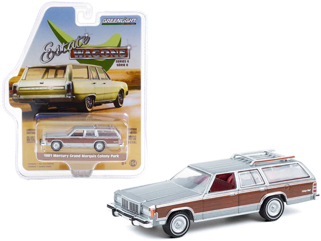 1981 Mercury Grand Marquis Colony Park with Roof Rack Dove Gray Metallic with Woodgrain Sides "Estate Wagons" Series 6 1/64 Diecast Model Car by Greenlight