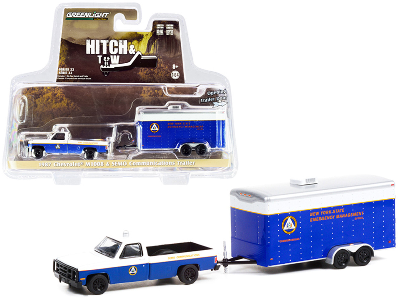 1987 Chevrolet M1008 Pickup Truck Blue and White with Communications Trailer (SEMO) "New York State Emergency Management Office" "Hitch & Tow" Series 22 1/64 Diecast Model Car by Greenlight