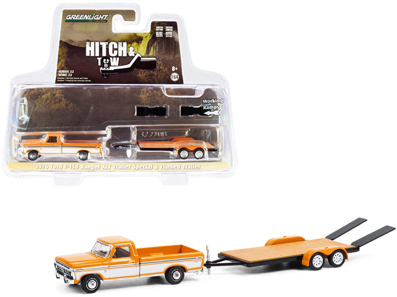 1976 Ford F-150 Ranger XLT Trailer Special Pickup Truck Orange and White with Flatbed Trailer "Hitch & Tow" Series 22 1/64 Diecast Model Car by Greenlight