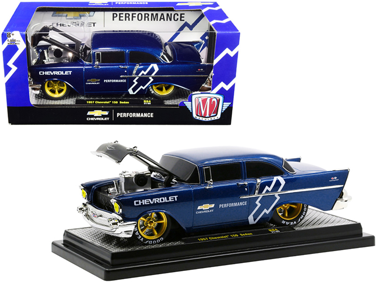 1957 Chevrolet 150 Sedan Dark Blue Metallic with Black Hood "Chevrolet Performance" Limited Edition to 6600 pieces Worldwide 1/24 Diecast Model Car by M2 Machines