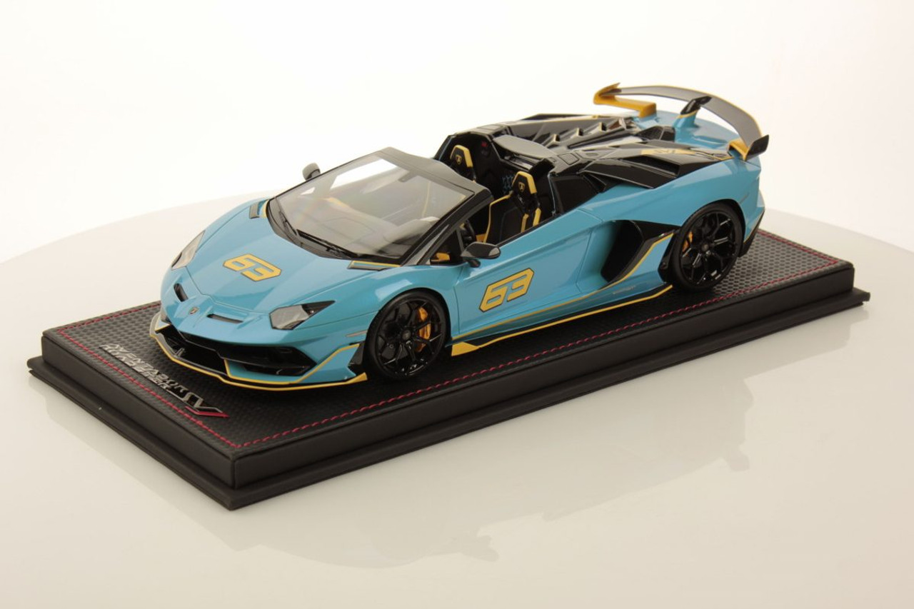 1/18 MR Collection Lamborghini Aventador SVJ Roadster 63 Special Edition (Blu Cepheus Blue with Yellow Livery) Resin Car Model Limited 63 Pieces