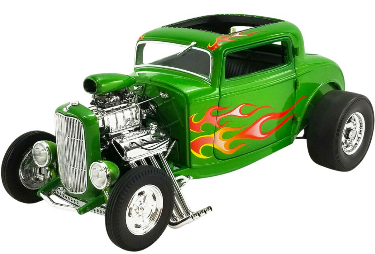 1/18 ACME 1932 Ford Blown 3 Window Hot Rod (Rat Fink Green with Flames) Diecast Car Model