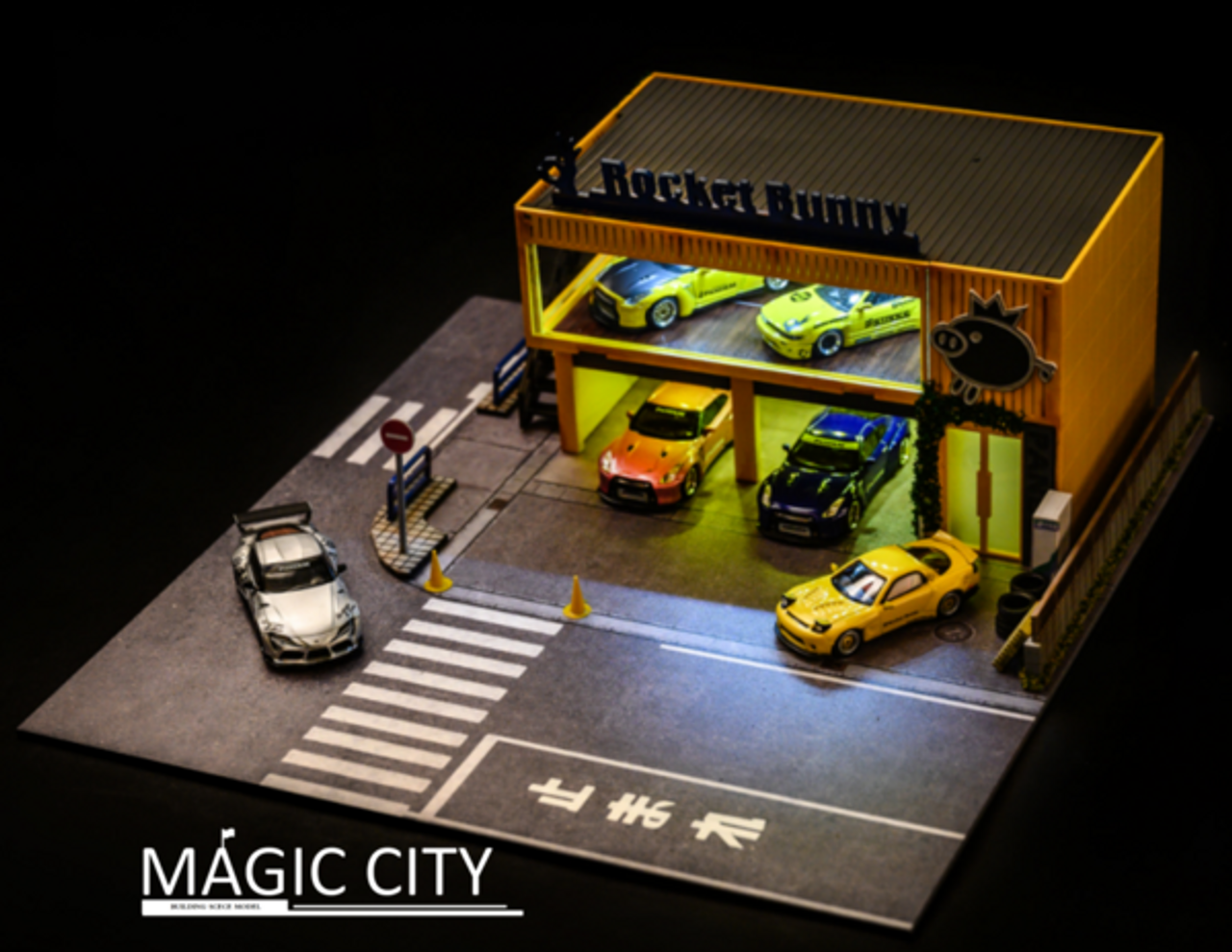 1/64 Magic City Yellow Rocket Bunny Double Floor Showroom Diorama Model Scene (Car models NOT included)