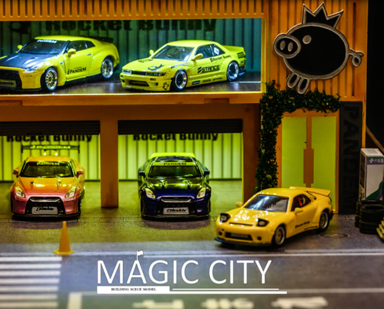 1/64 Magic City Yellow Rocket Bunny Double Floor Showroom Diorama Model Scene (Car models NOT included)