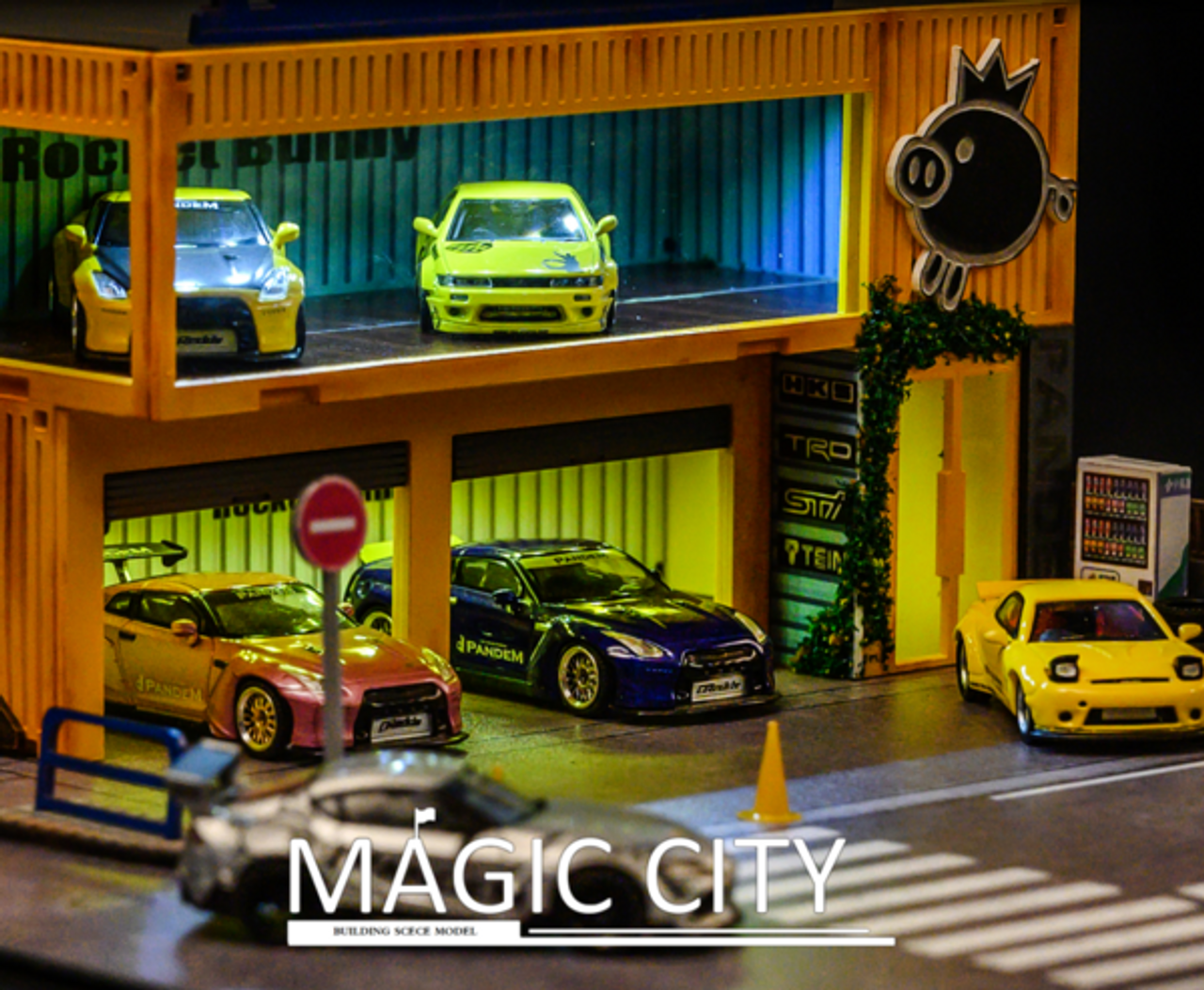 1/64 Magic City Yellow Rocket Bunny Double Floor Showroom Diorama Model Scene (Car models NOT included)