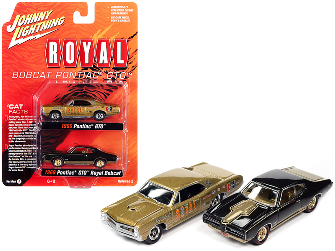 1966 Pontiac GTO "Royal" Gold and 1969 Pontiac GTO Royal Bobcat Espresso Brown "Pontiac Royal" Set of 2 pieces 1/64 Diecast Model Cars by Johnny Lightning