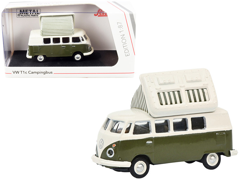 Volkswagen T1 Camper Bus with Pop-Top Roof Green and Cream 1/87