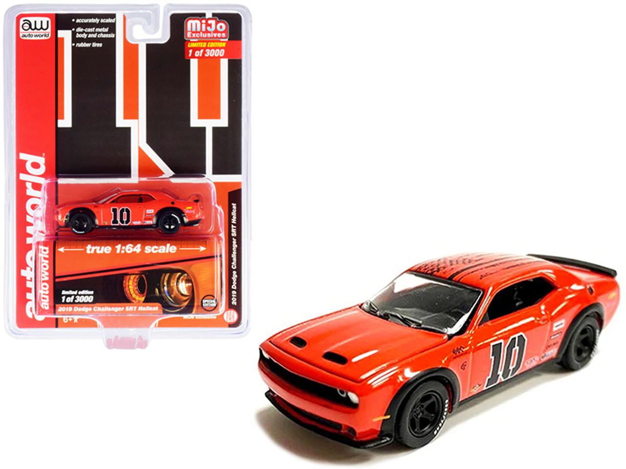 2019 Dodge Challenger SRT Hellcat #10 Orange Limited Edition to 3000 pieces  Worldwide 1/64 Diecast Model Car by Autoworld