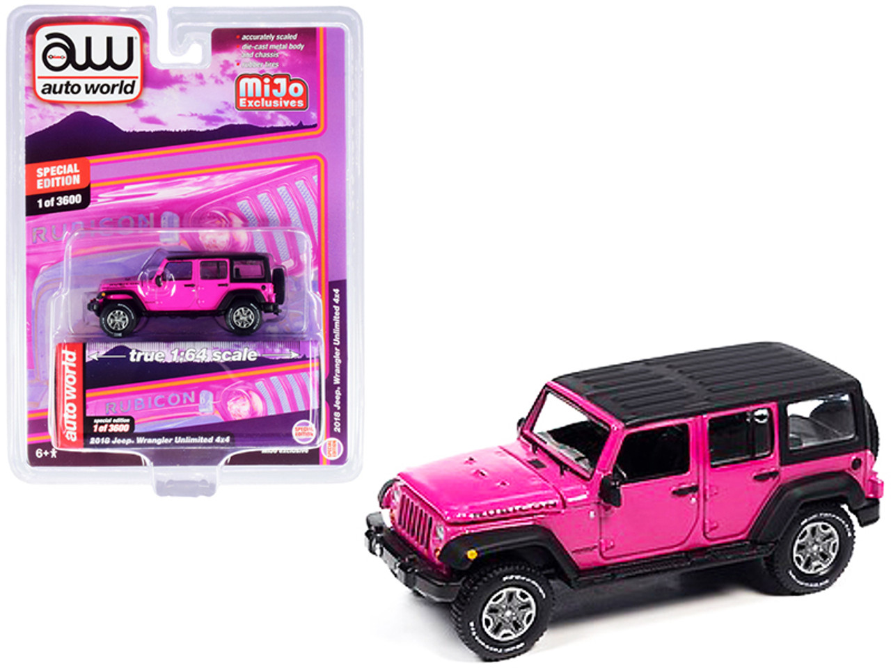 2018 Jeep Wrangler Rubicon Unlimited 4x4 Pink with Black Top Limited Edition to 3600 pieces Worldwide 1/64 Diecast Model Car by Autoworld