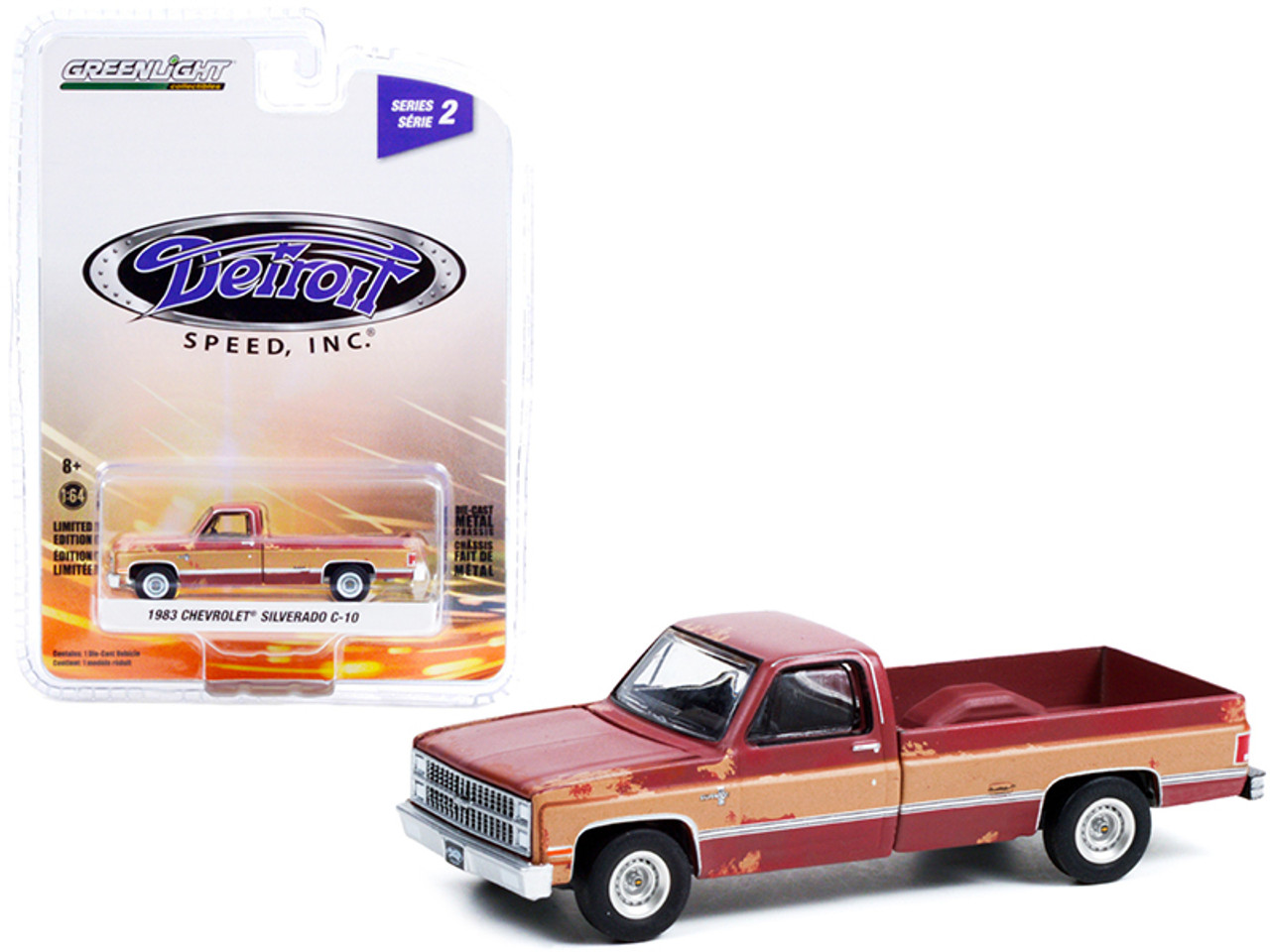 Greenlight Collectible 1983 Chevy Silverado C-10 Pickup Truck Burgundy with Tan Sides (Weathered) Detroit Speed,Series 2 164 Diecast Model Car