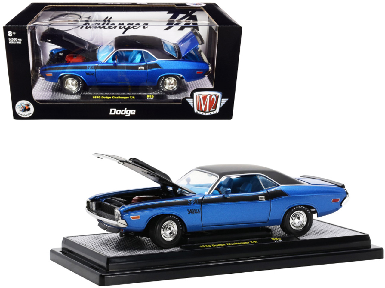 1970 Dodge Challenger T/A 340 Six Pack Blue Metallic and Black with Blue Interior Limited Edition to 6500 pieces Worldwide 1/24 Diecast Model Car by M2 Machines