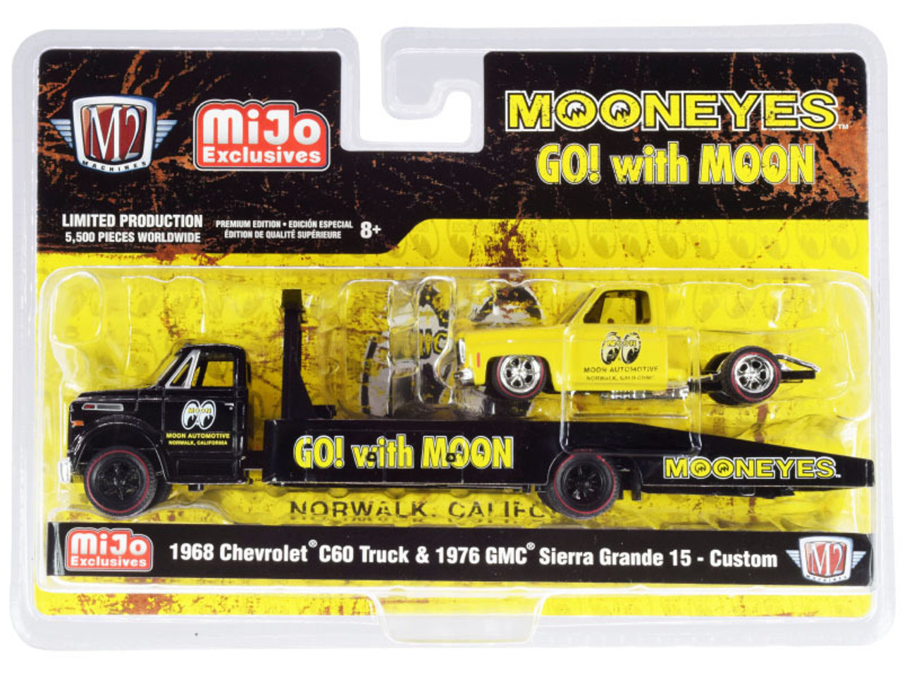 1968 Chevrolet C60 Ramp Truck Black and 1976 GMC Sierra Grande 15 Custom Yellow "Mooneyes" Limited Edition to 5500 pieces Worldwide 1/64 Diecast Models by M2 Machines