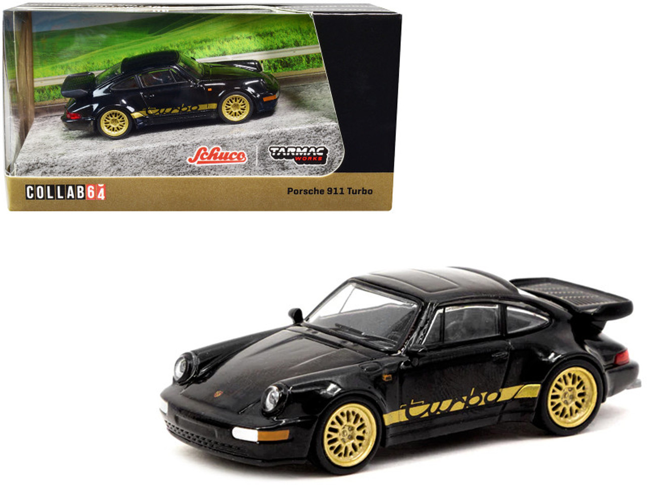 Porsche 911 Turbo Black with Gold Stripes and Wheels "Collab64" Series 1/64 Diecast Model Car by Schuco & Tarmac Works