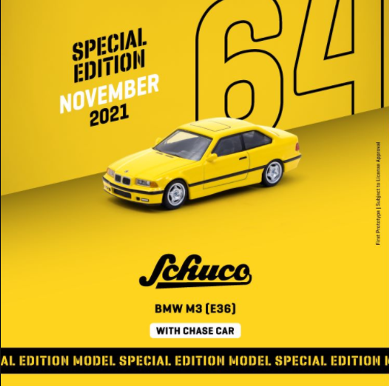 BMW M3 (E36) Yellow "Special Edition" 1/64 Diecast Model Car by Schuco & Tarmac Works