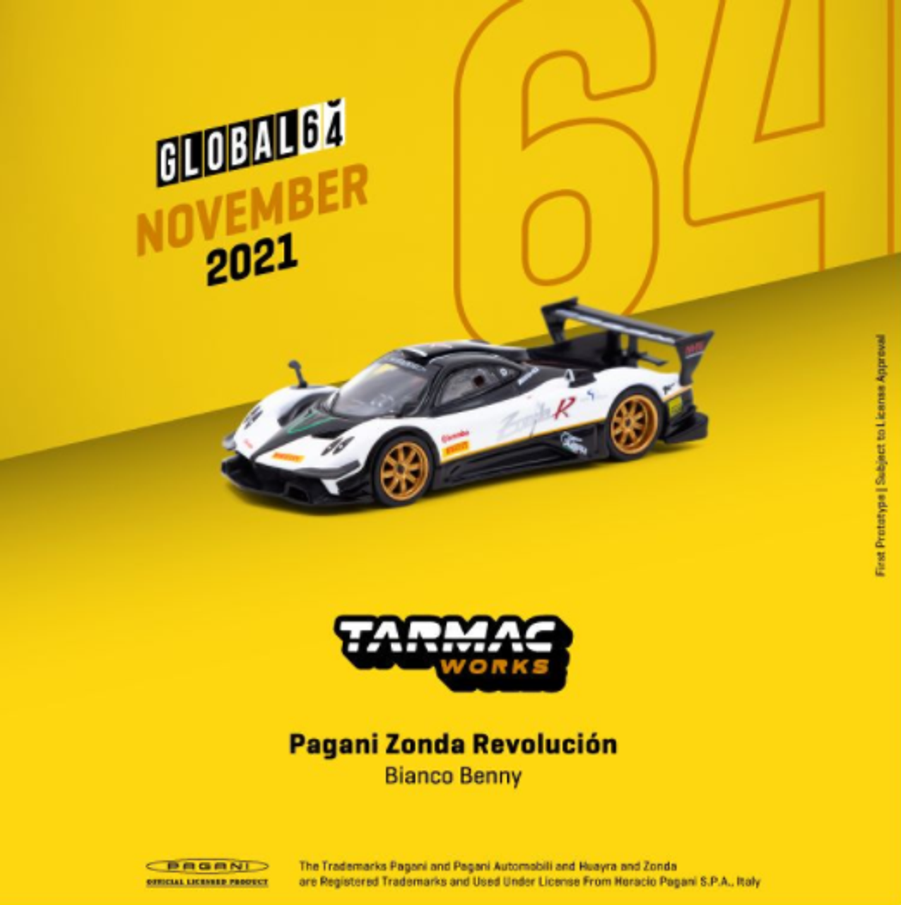 Pagani Zonda Revolucion Bianco Benny White and Black with Graphics "Global64" Series 1/64 Diecast Model Car by Tarmac Works