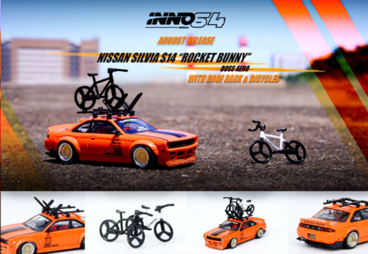 1/64 INNO64 NISSAN SILVIA S14 Rocket Bunny Boss Aero With Roof Rack and Bicycles
