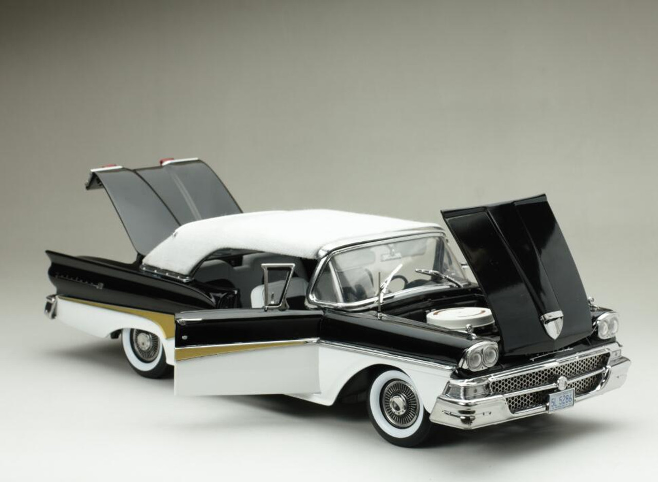 1/18 Sunstar 1958 Ford Fairlane 500 Closed Convertible (White & Raven  Black) Diecast Car Model