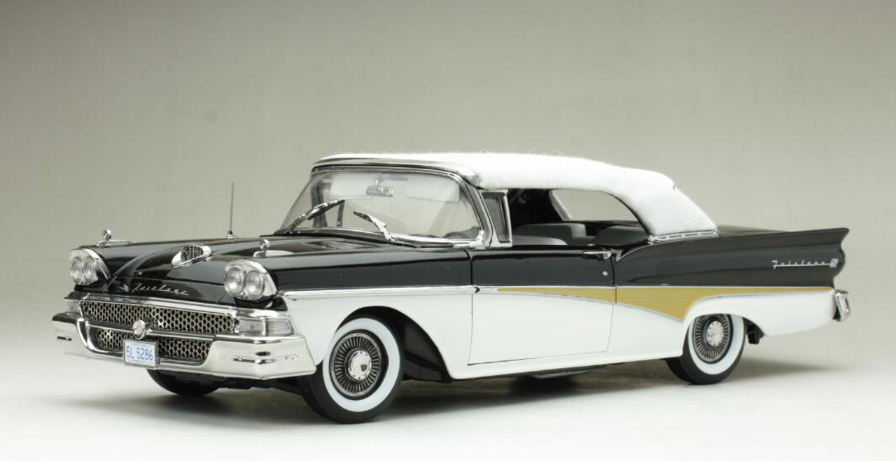 1/18 Sunstar 1958 Ford Fairlane 500 Closed Convertible (White & Raven  Black) Diecast Car Model