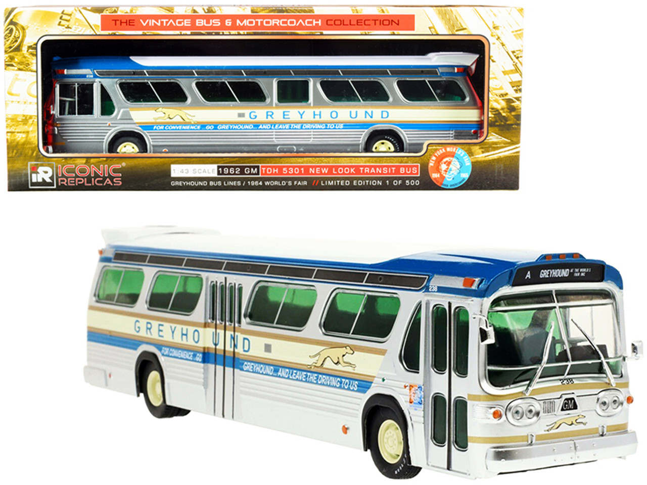 1962 GM TDH 5301 New Look Transit Bus Greyhound Bus Lines "1964 World's Fair" "The Vintage Bus & Motorcoach Collection" Limited Edition to 500 pieces Worldwide 1/43 Diecast Model by Iconic Replicas