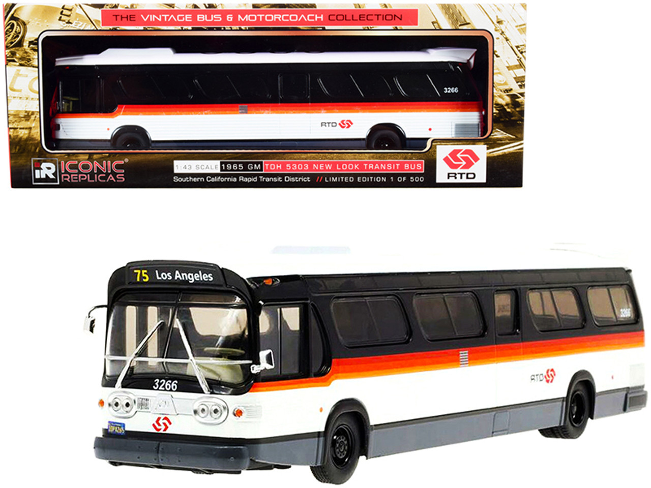 1965 GM TDH 5303 New Look Transit Bus #75 Los Angeles "RTD" White and Black with Stripes "The Vintage Bus & Motorcoach Collection" Limited Edition to 500 pieces Worldwide 1/43 Diecast Model by Iconic Replicas