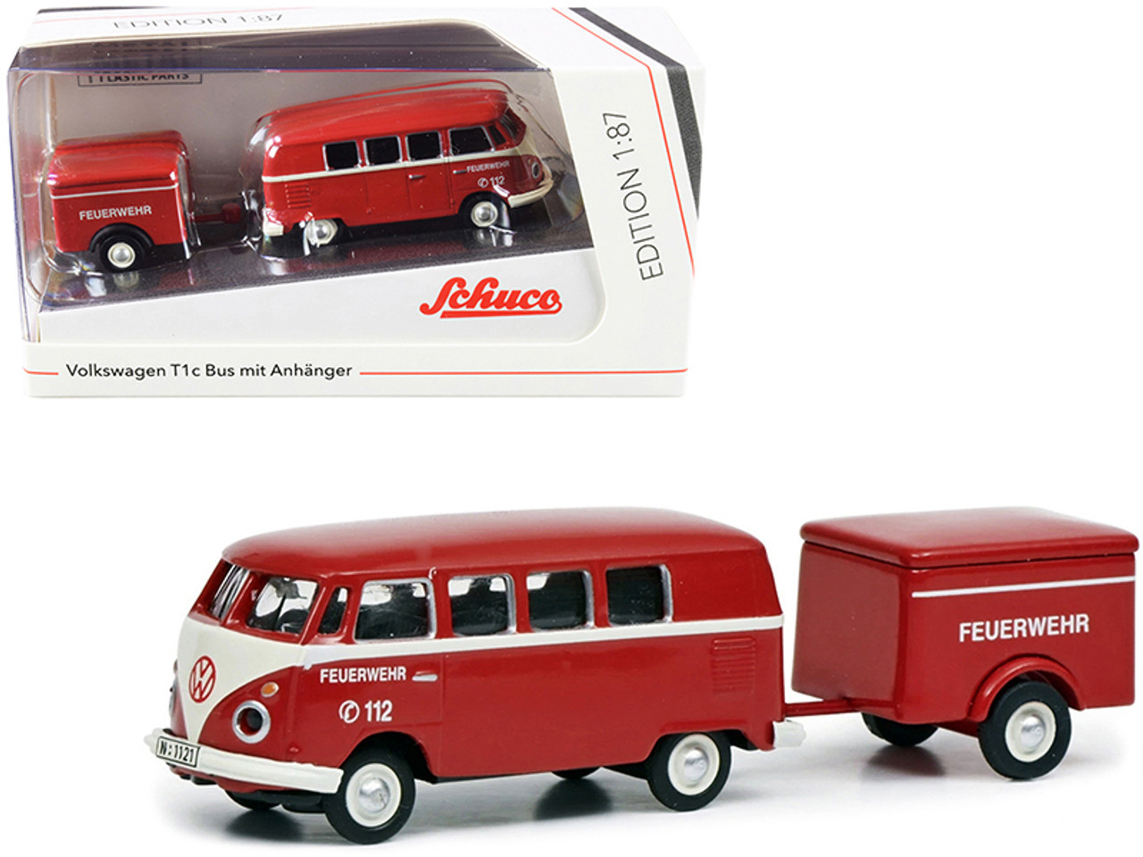 Volkswagen T1c Bus with Trailer Red and Cream "Feuerwehr" (Fire Department) 1/87 (HO) Diecast Models by Schuco