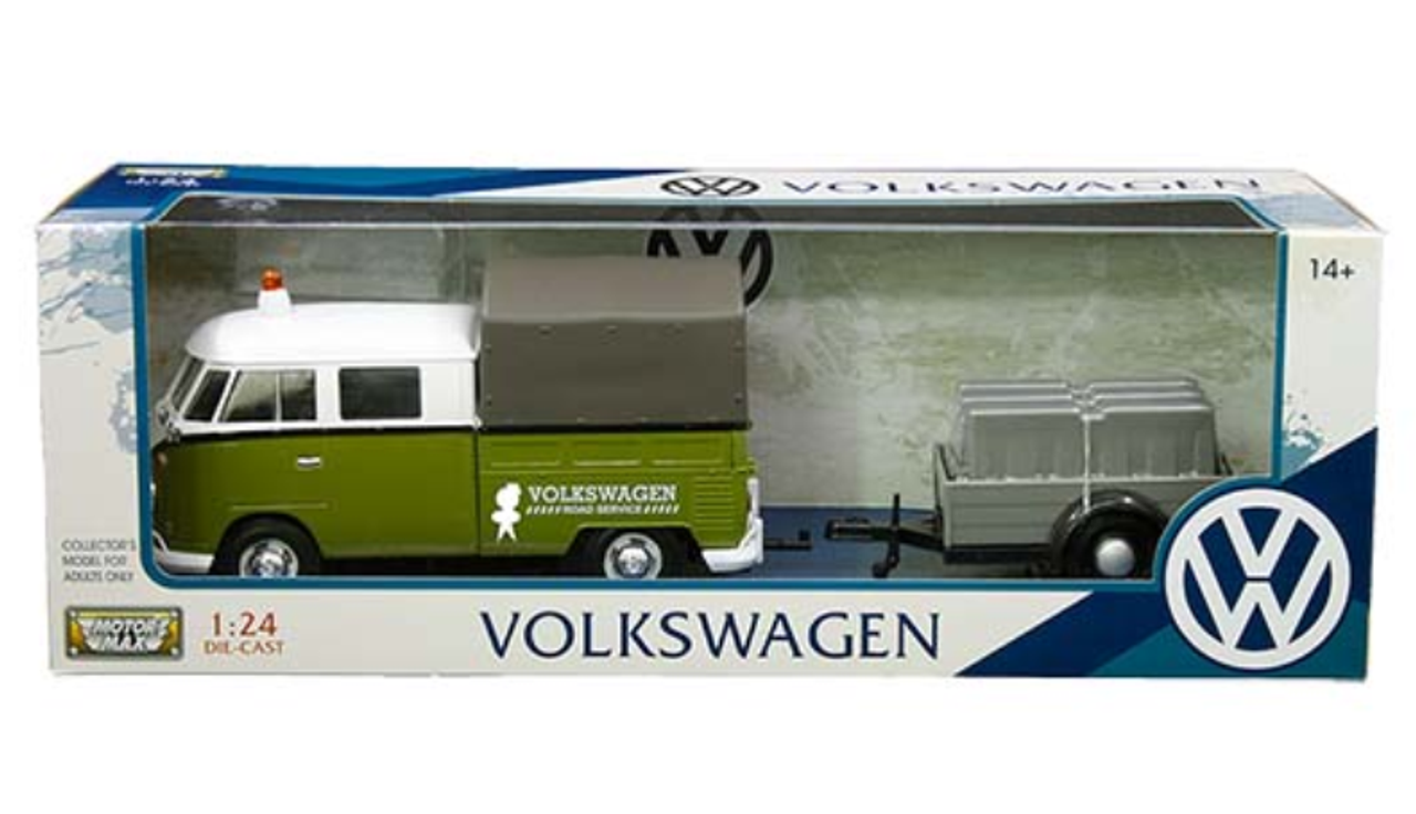 1/24 Motormax Volkswagen VW T1 Bus Road Service Pickup with Trailer (Green) Diecast Car Model