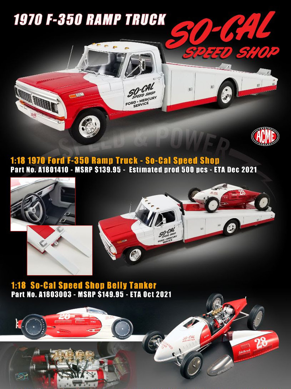 Set of 1/18 ACME So-Cal Speed Shop 1970 Ford F-350 Ramp Truck & 1/18 So-Cal Ford Speed Shop Belly Tanker Diecast Car Model Limited 500 Pieces