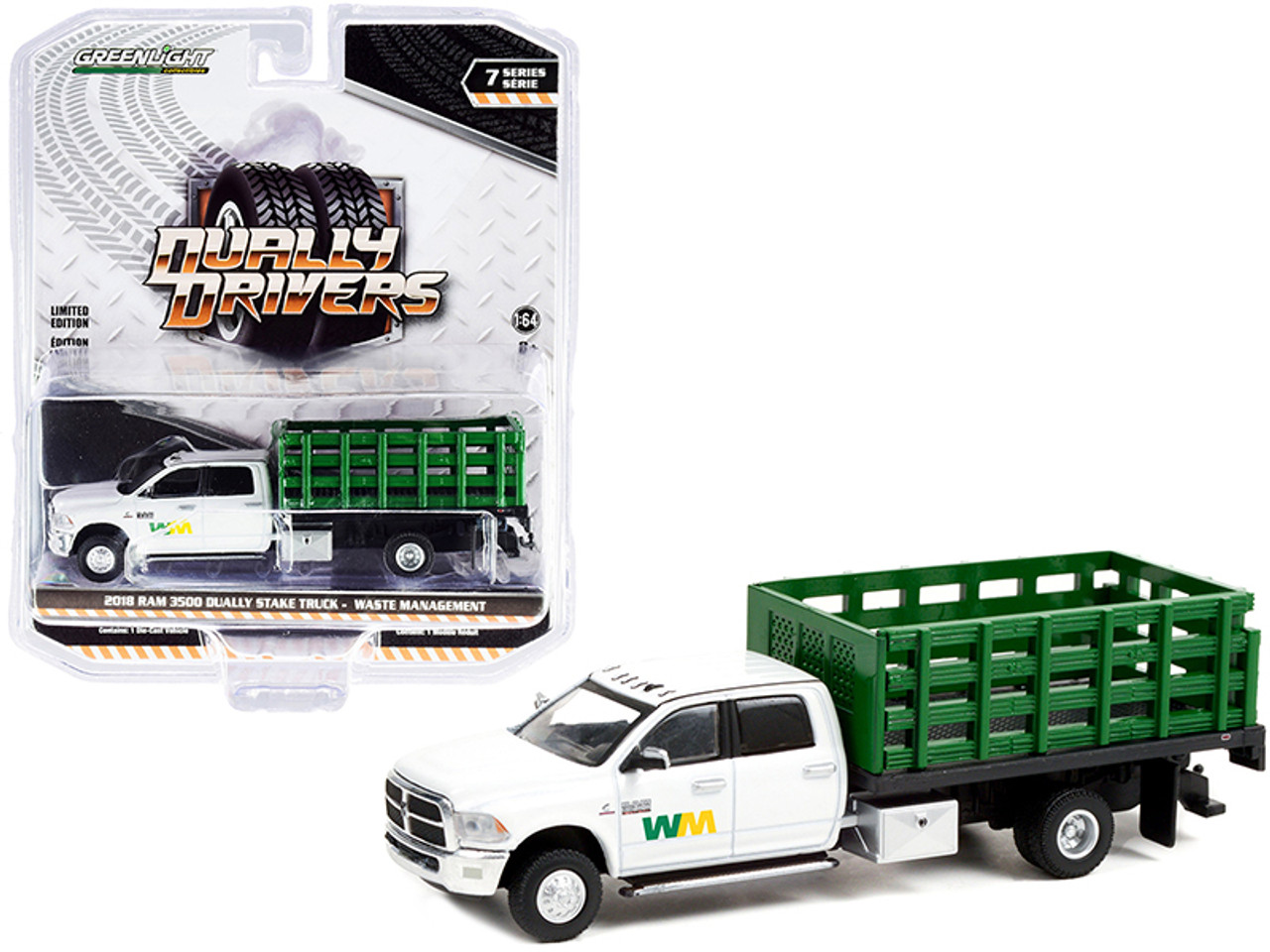 2018 Dodge RAM 3500 Dually Stake Truck "Waste Management" White and Green "Dually Drivers" Series 7 1/64 Diecast Model Car by Greenlight