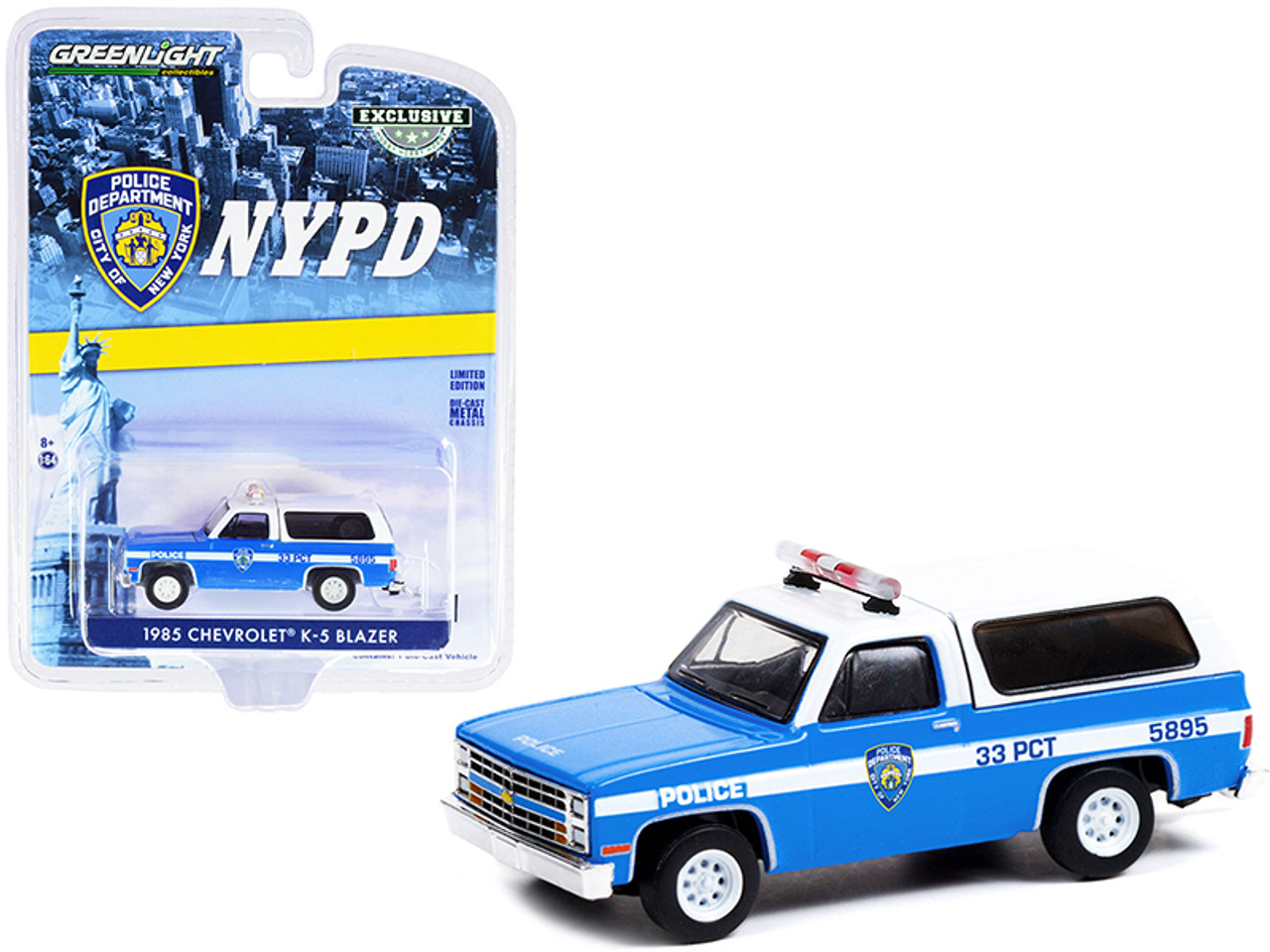 1985 Chevrolet K-5 Blazer Light Blue and White "New York City Police Department" (NYPD) "Hobby Exclusive" 1/64 Diecast Model Car by Greenlight