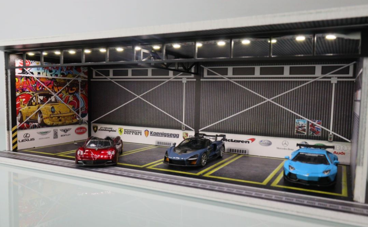 1/64 G-Fans Six-Car Garage Diorama with LED Lights (car models NOT included)