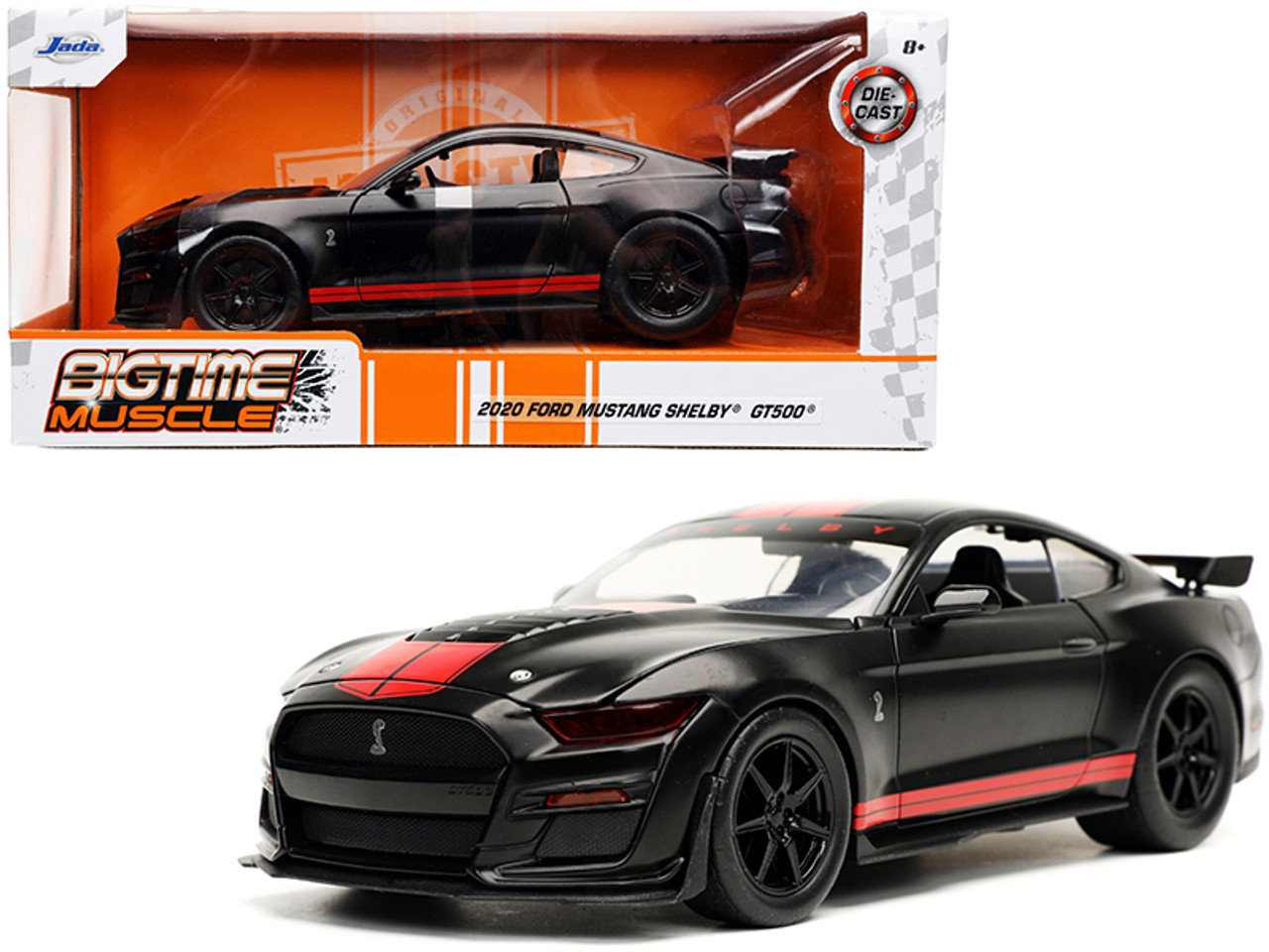 2020 Ford Mustang Shelby GT500 Matt Black with Red Stripes "Bigtime Muscle" Series 1/24 Diecast Model Car by Jada