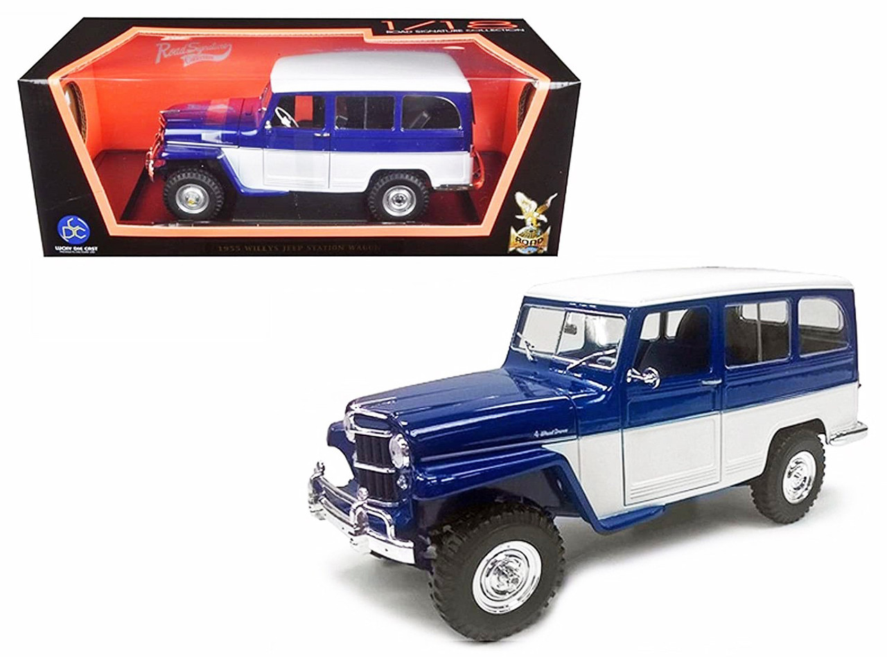 1955 Willys Jeep Station Wagon Blue and White "Lucky" 1/18 Diecast Model Car by Road Signature