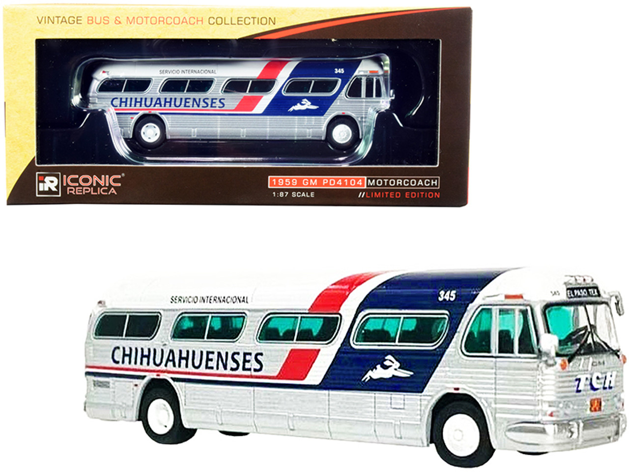 1959 GM PD4104 Motorcoach Bus "El Paso" Texas "Chihuahuenses" Silver and White with Red and Blue Stripes "Vintage Bus & Motorcoach Collection" 1/87 (HO) Diecast Model by Iconic Replicas