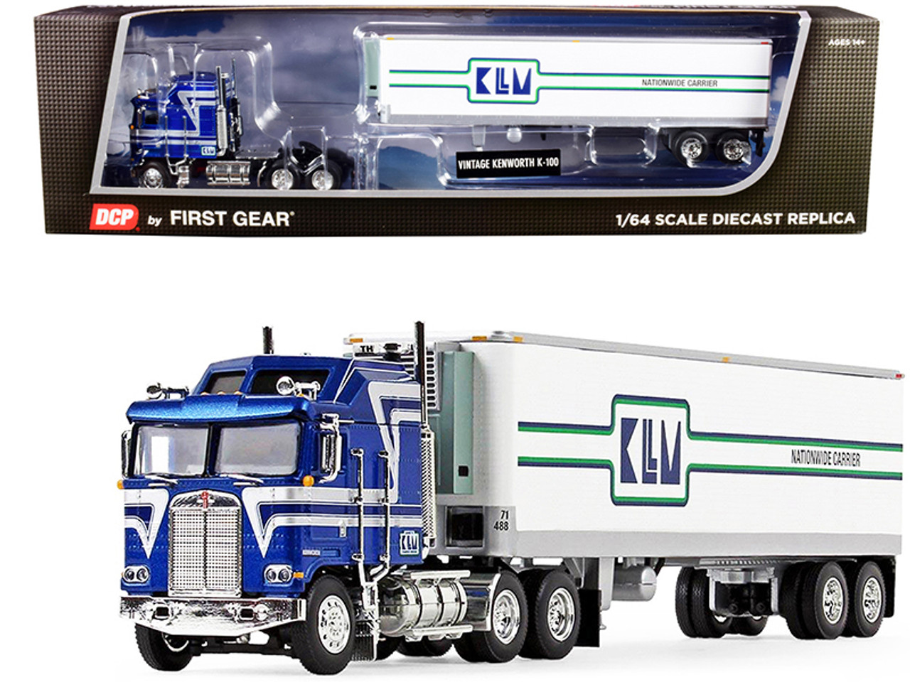 Kenworth K100 COE Aerodyne with 40' Vintage Reefer Refrigerated Tandem-Axle Trailer "KLLM" Blue and White with Stripes 1/64 Diecast Model by DCP/First Gear