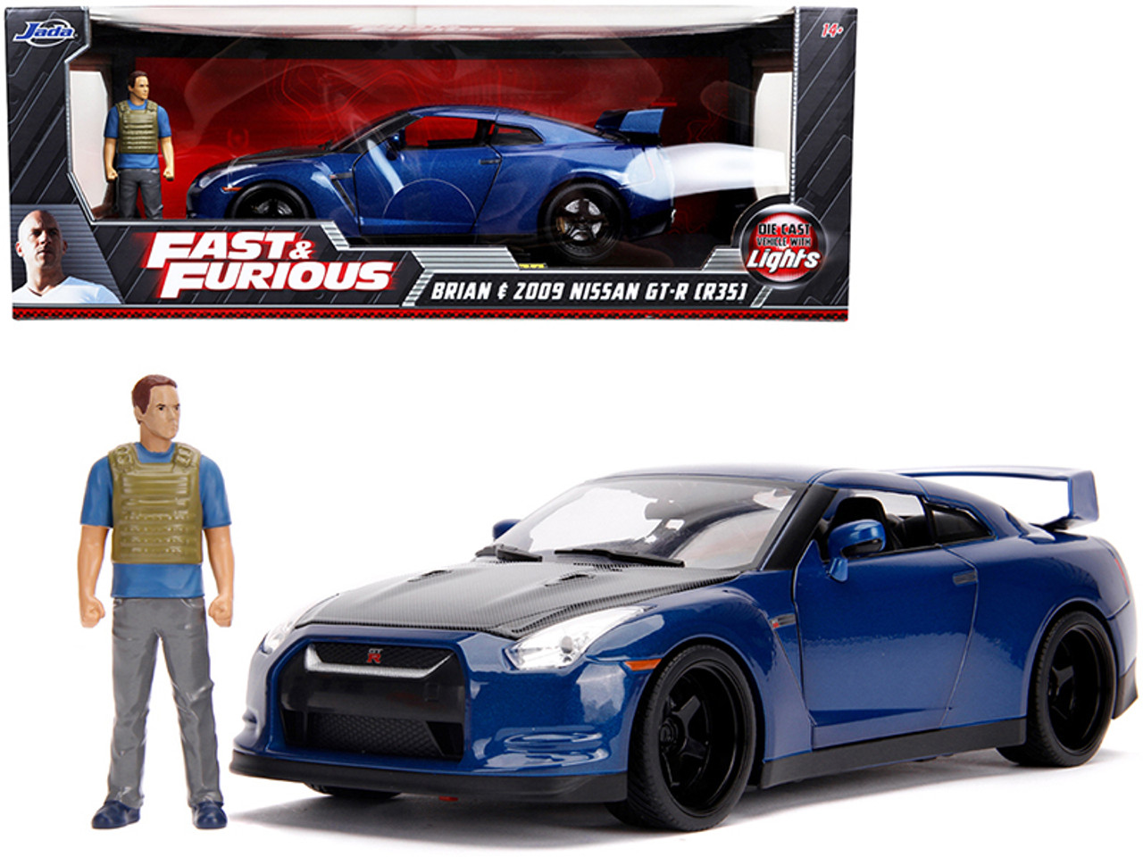 1/18 Jada 2009 Nissan GT-R R35 (Blue Metallic and Carbon) with Lights and  Brian Figurine 