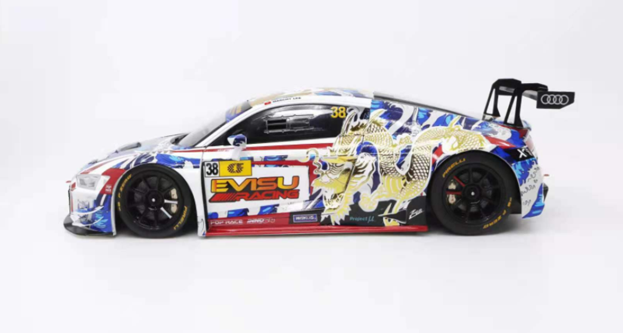  1/18 POPRACE Audi R8 LMS Macau GT Cup 2020 Audi Sport Asia Team X Works Evisu Racing #38 Marchy Lee with Display Cover and base 