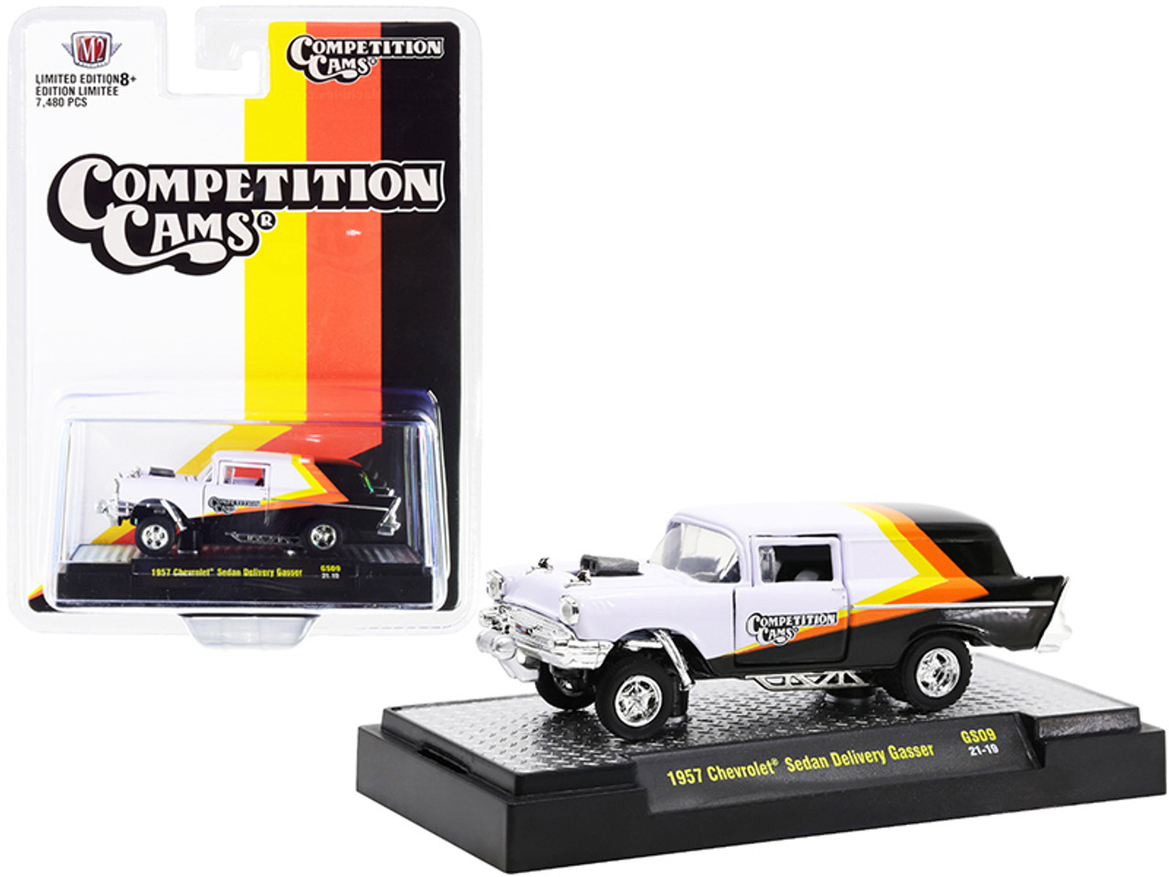 1957 Chevrolet Sedan Delivery Gasser "Competition Cams" White and Black with Yellow and Orange Stripes Limited Edition to 7480 pieces Worldwide 1/64 Diecast Model Car by M2 Machines