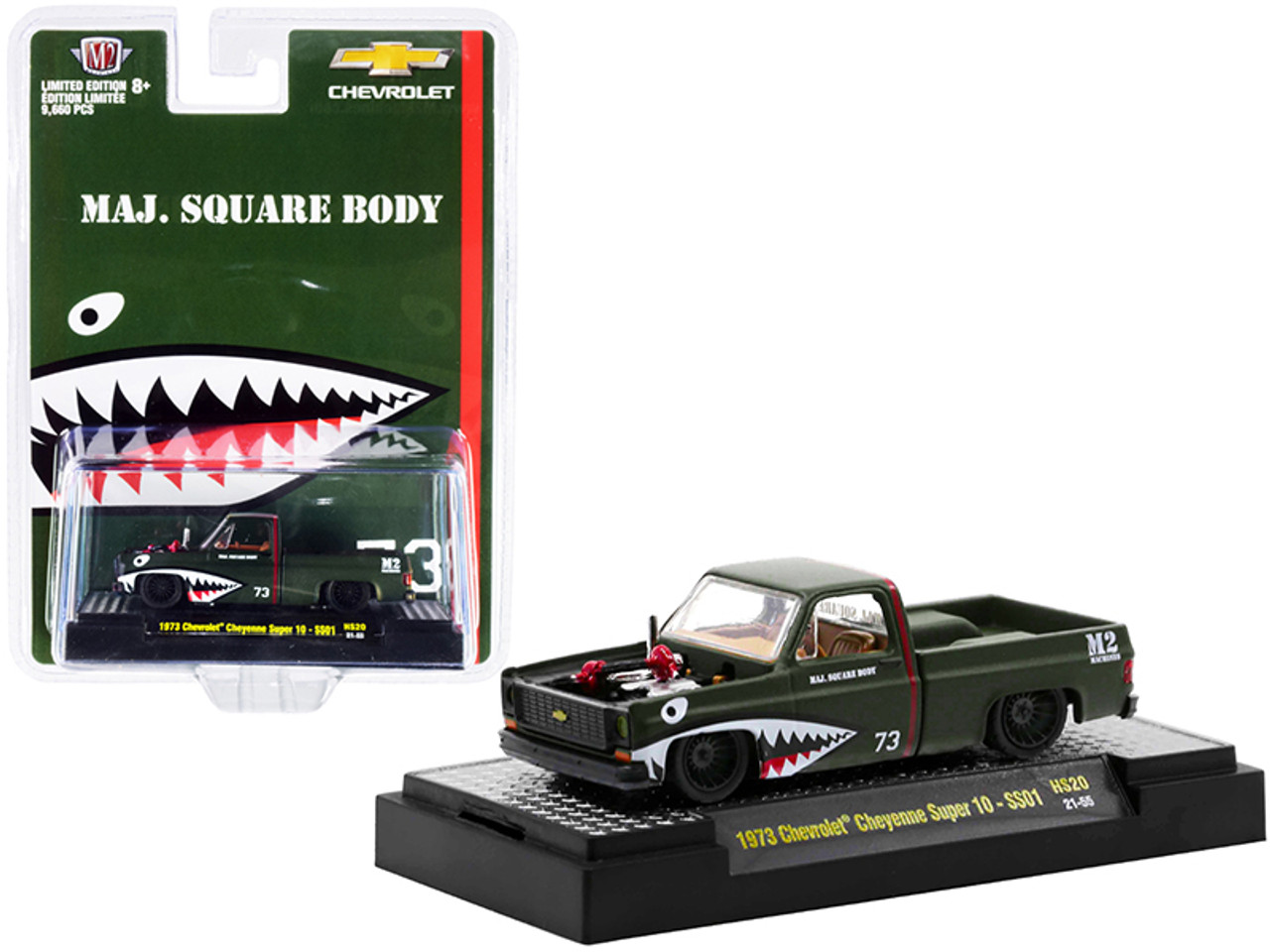 1973 Chevrolet Cheyenne Super 10 Pickup Truck "Maj. Square Body" Green Limited Edition to 9660 pieces Worldwide 1/64 Diecast Model Car by M2 Machines