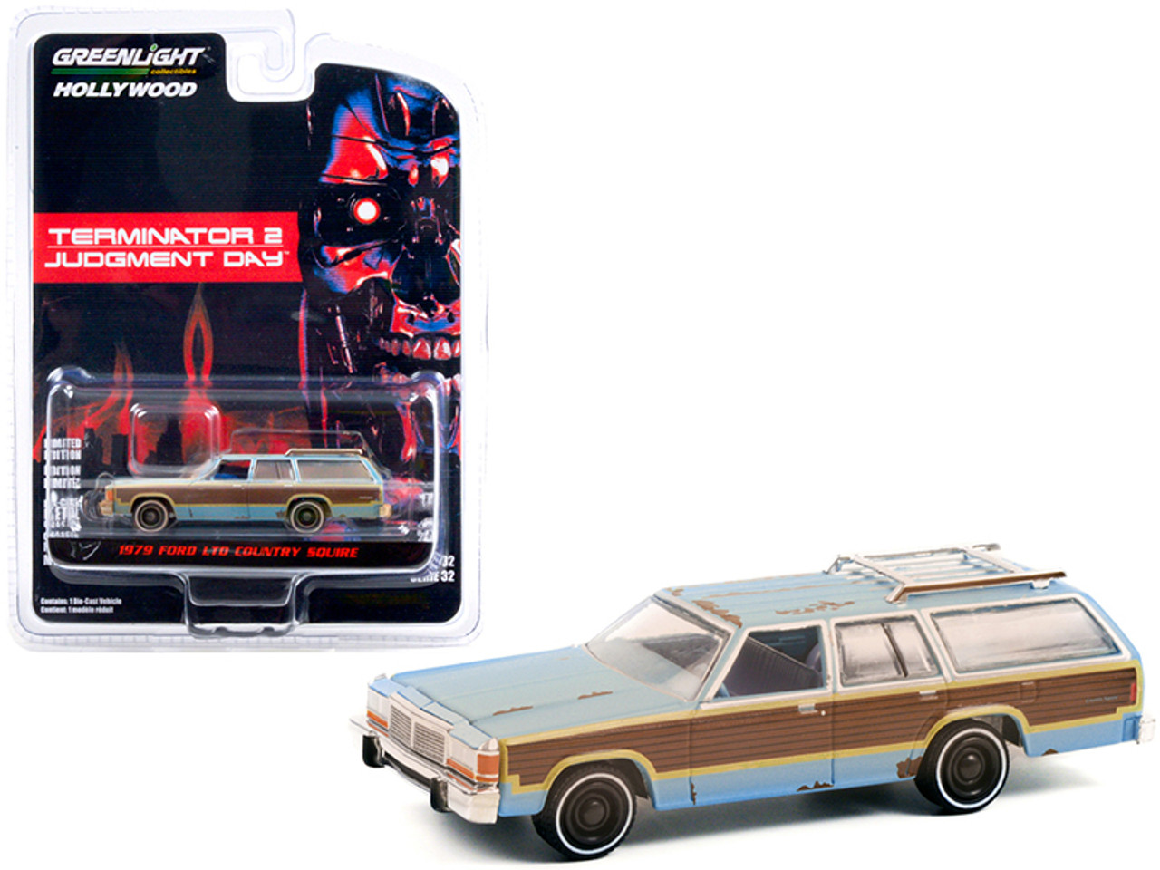 1979 Ford LTD Country Squire Light Blue with Woodgrain Sides (Weathered) "Terminator 2: Judgment Day" (1991) Movie "Hollywood Series" Release 32 1/64 Diecast Model Car by Greenlight