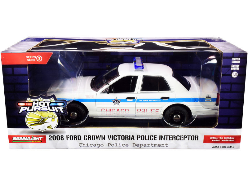 2008 Ford Crown Victoria Police Interceptor "CAPS" White with Blue Stripes "Chicago Police Department" "Hot Pursuit" Series 1/24 Diecast Model Car by Greenlight